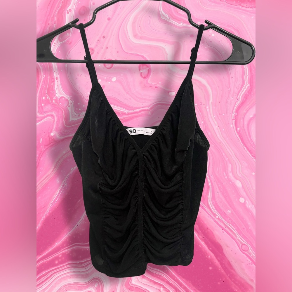 Y2K Black Ruched Cami Tank Top Adjustable‎ Straps